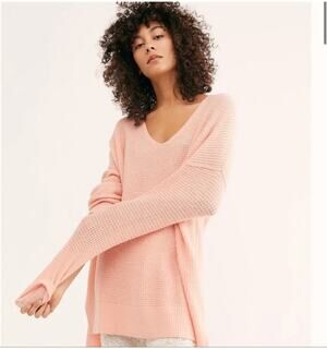Free People C.O.M.F.Y. Pink Waffle Knit Oversized V Neck Tunic Sweater Boho